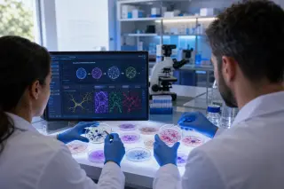 Two scientists in a modern research lab closely examining petri dishes with cell cultures, with a digital screen displaying cellular graphs nearby, in a softly lit, focused atmosphere.