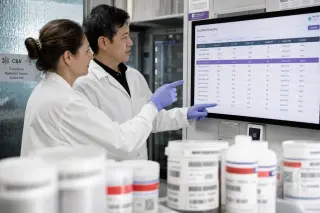 Two lab technicians discussing digital sample inventory next to cord blood containers in a modern lab, softly lit, in a candid professional exchange.