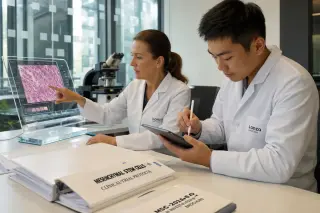 Two scientists analyze digital tissue images together in a bright, modern research workspace, absorbed in collaborative discussion and data review.