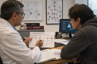Hematologist and patient in consultation, discussing stem cell transplant information in a modern, softly lit medical meeting room.