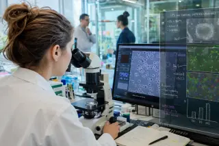 Researcher intently analyzes cell samples through a digital microscope in a bright lab, with projected scientific images and notes on a transparent screen.