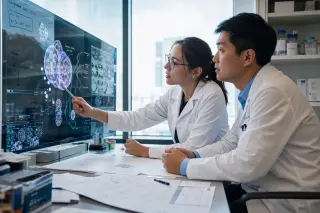 Two professionals analyze scientific diagrams on a digital screen in a modern, naturally-lit medical center, collaborating over research notes in an authentic work moment.