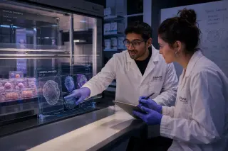 Two researchers discussing in a high-tech laboratory, reviewing cellular images on a digital screen next to advanced lab equipment, with natural, focused lighting.