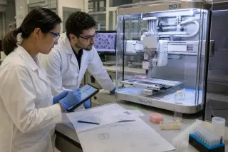 Two researchers intently working beside an advanced bioprinter in a modern laboratory, surrounded by tissue samples and digital notes, focused and collaborating under soft lighting.