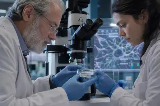 Two researchers' hands closely examining neural cell cultures in a Petri dish under a microscope, with a high-tech touchscreen showing neural patterns blurred in the background. Ambient lighting and collaborative laboratory atmosphere.