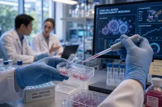 Two scientists in a softly lit research office intently discussing annotated Petri dishes and papers, conveying collaborative focus and authentic research atmosphere.
