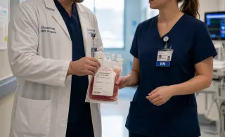 Medical staff carry a stem cell transfusion bag through a hospital corridor, hands in focus, evoking care and scientific precision in a softly-lit clinical environment.