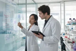 Two scientists in a modern lab, one drawing cell diagrams on a glass wall while the other consults a tablet, both deeply engaged in discussion, bathed in soft natural light.