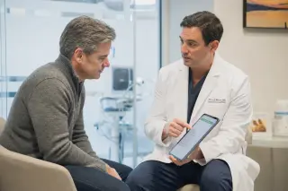 Doctor and patient in modern clinic discussing a checklist on a digital tablet, engrossed in conversation with soft daylight and subtle medical equipment in the background.